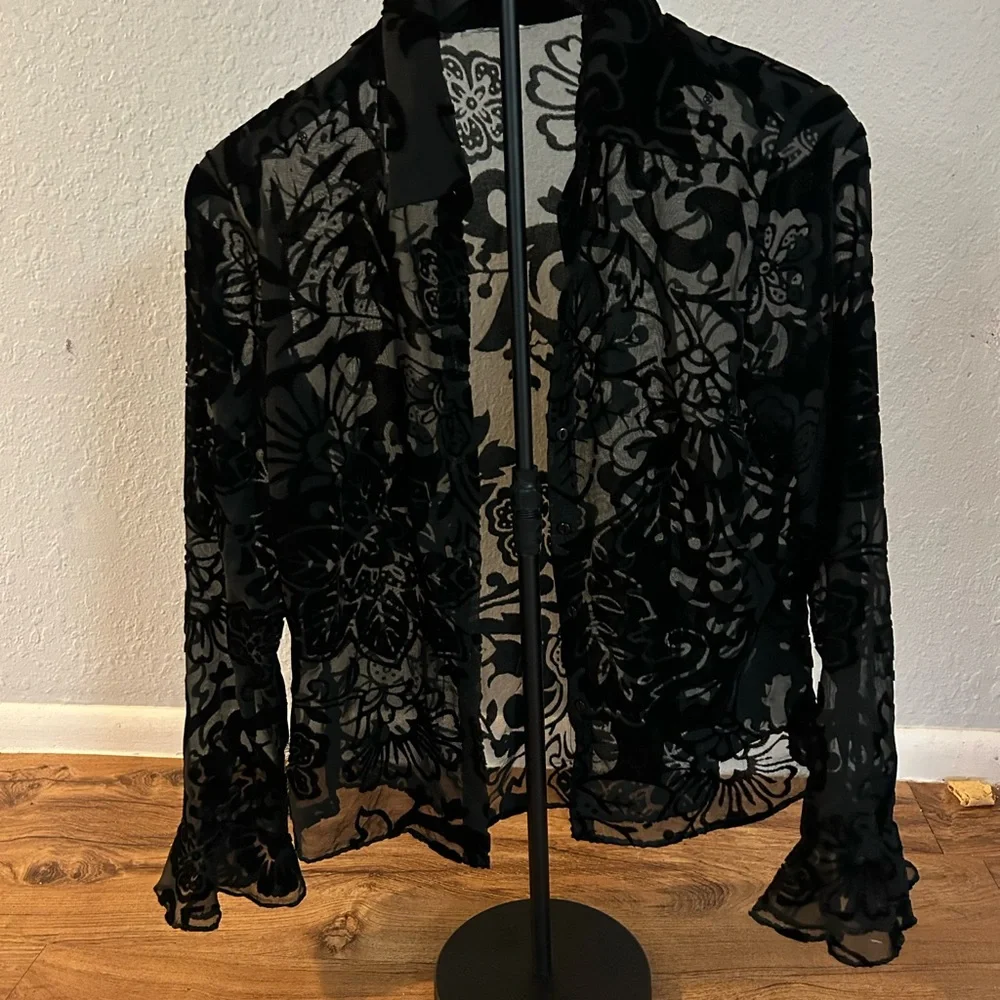 Vintage chiffon velvet burnout long sleeve blouse - Picture 2 of 2